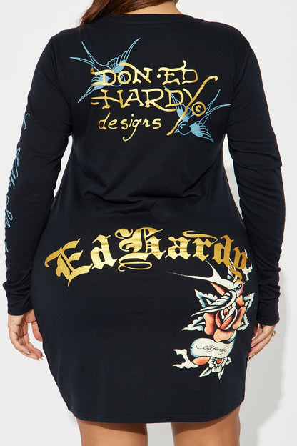 Ed Hardy Swallow Rose Long Sleeve Mini Dress - Black