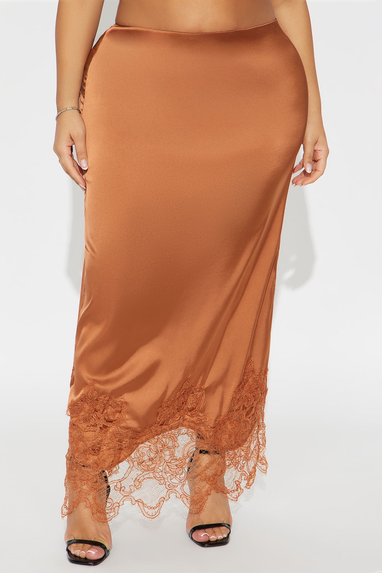 Dolled Up Lace Trim Satin Maxi Skirt - Cognac
