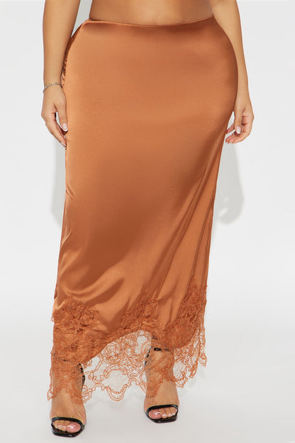 Dolled Up Lace Trim Satin Maxi Skirt - Cognac