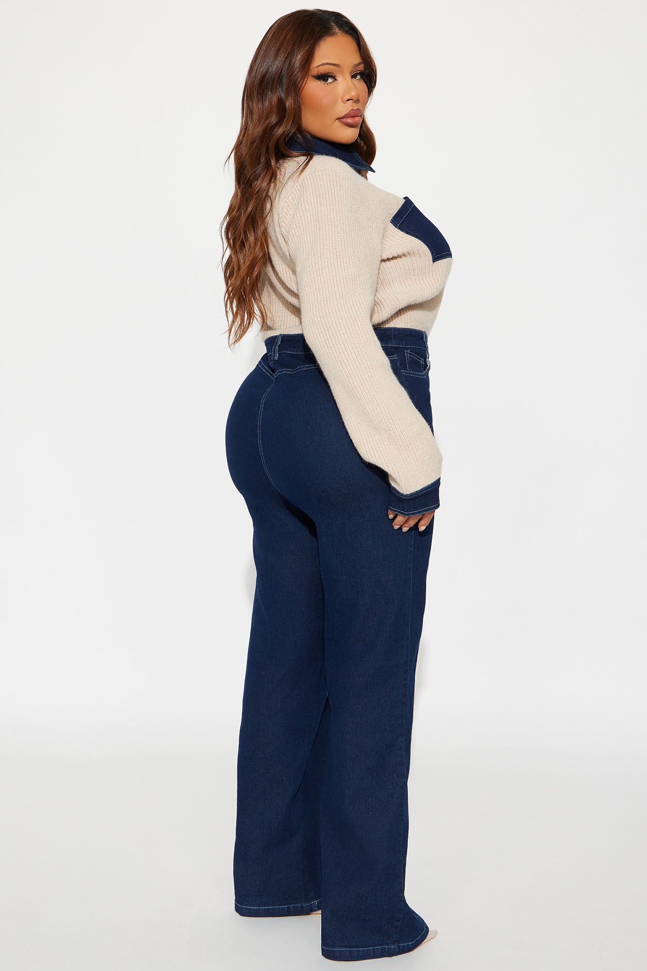 Mikayla Denim Sweater Mix Jumpsuit - Dark Denim