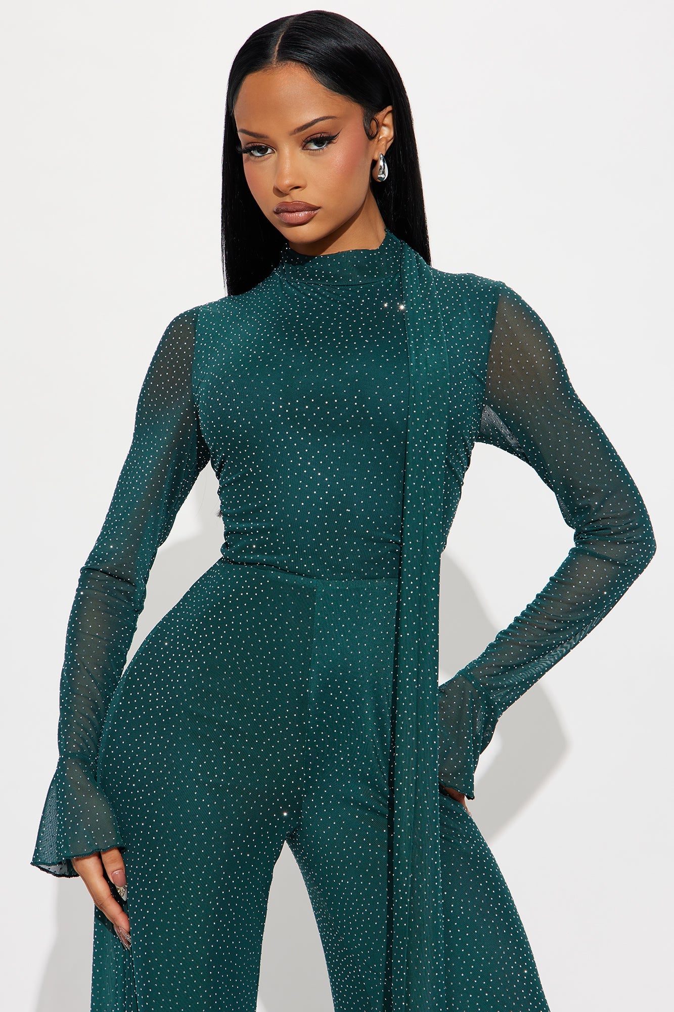 Amaya Rhinestone Scarf Jumpsuit - Hunter