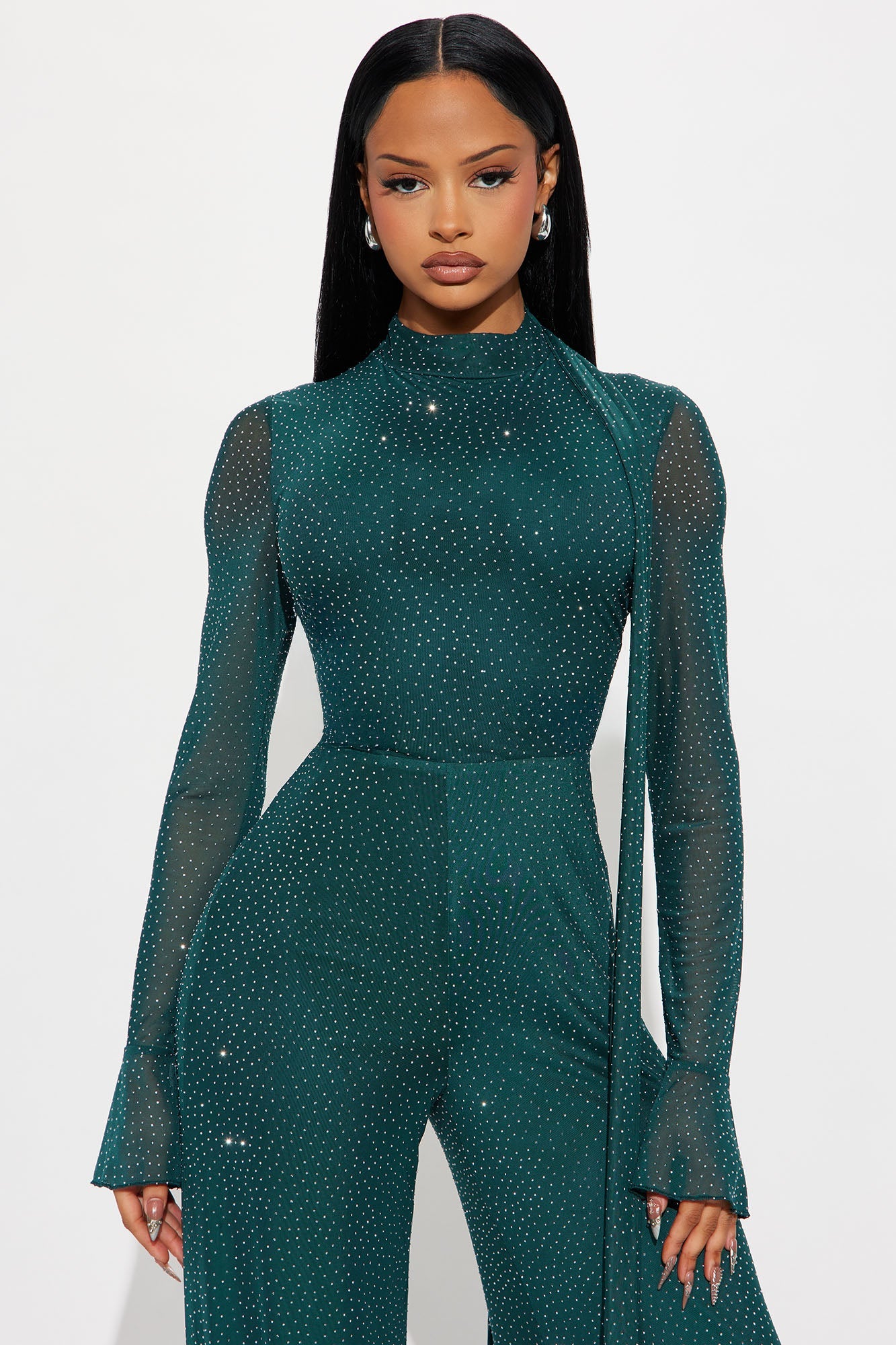 Amaya Rhinestone Scarf Jumpsuit - Hunter