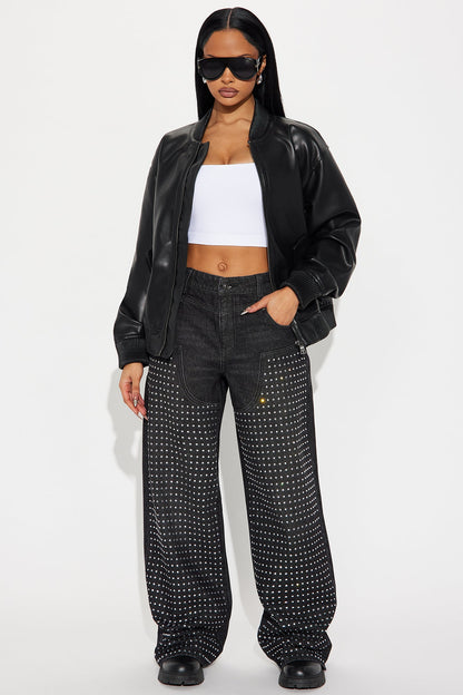 Gabrielle Faux Leather Bomber Jacket - Black