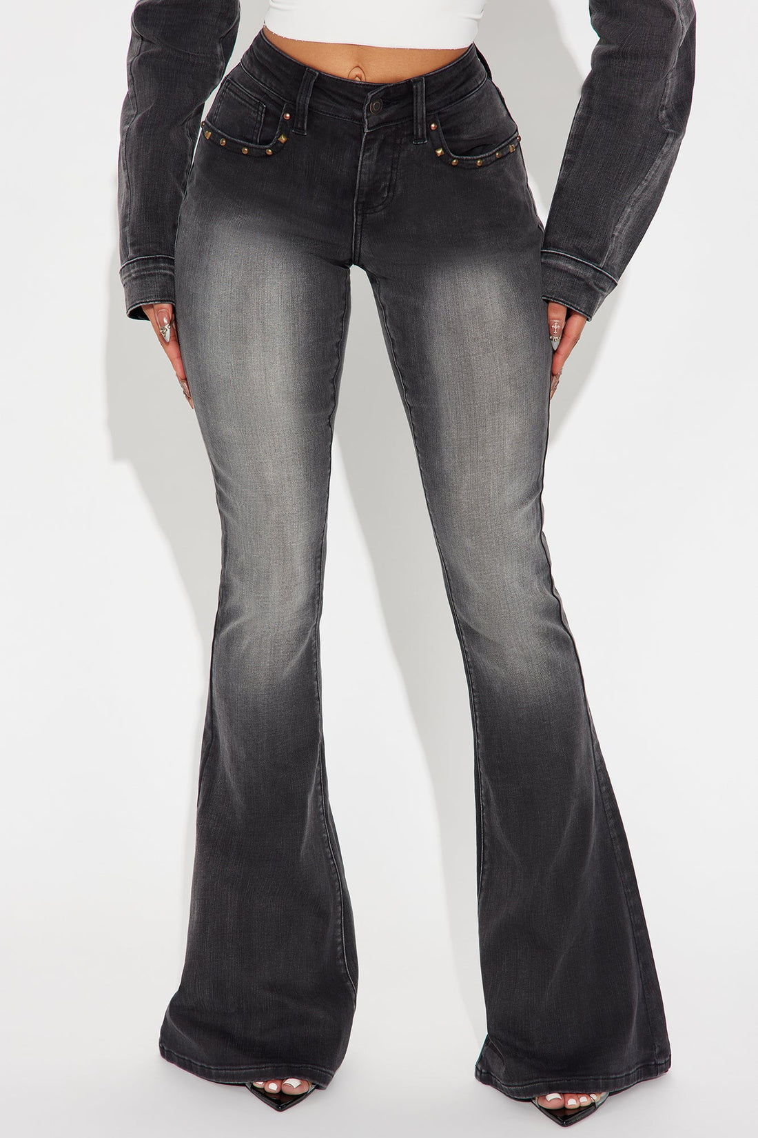 Isabella Embellished Low Rise Flare Jeans - Grey/Smoke