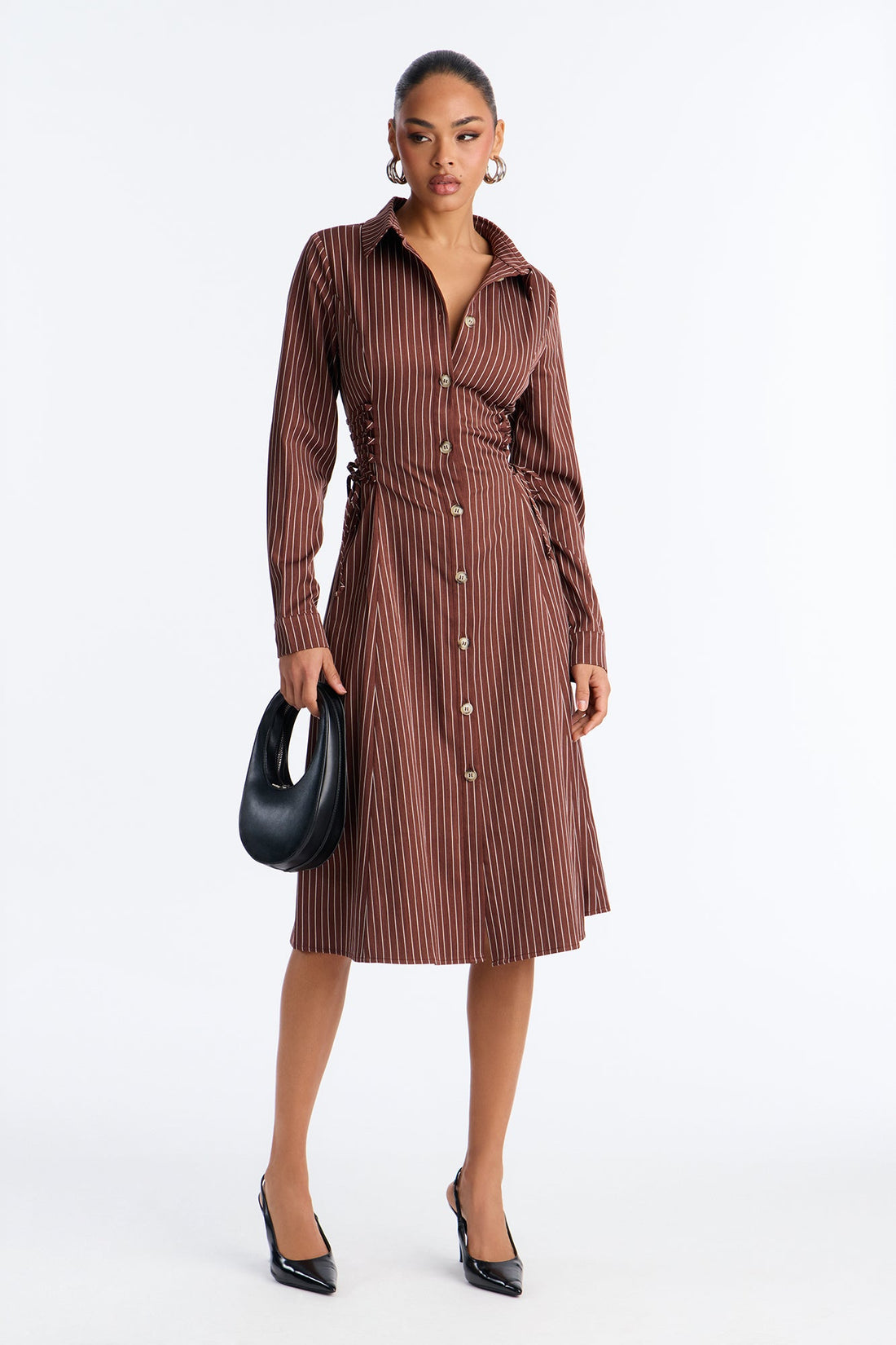 Veda Lace Up Pinstripe Midi Dress - Chocolate/Combo