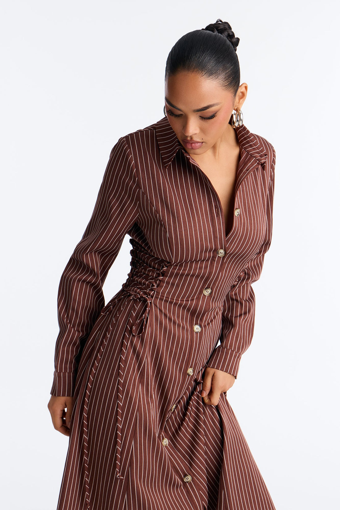Veda Lace Up Pinstripe Midi Dress - Chocolate/Combo