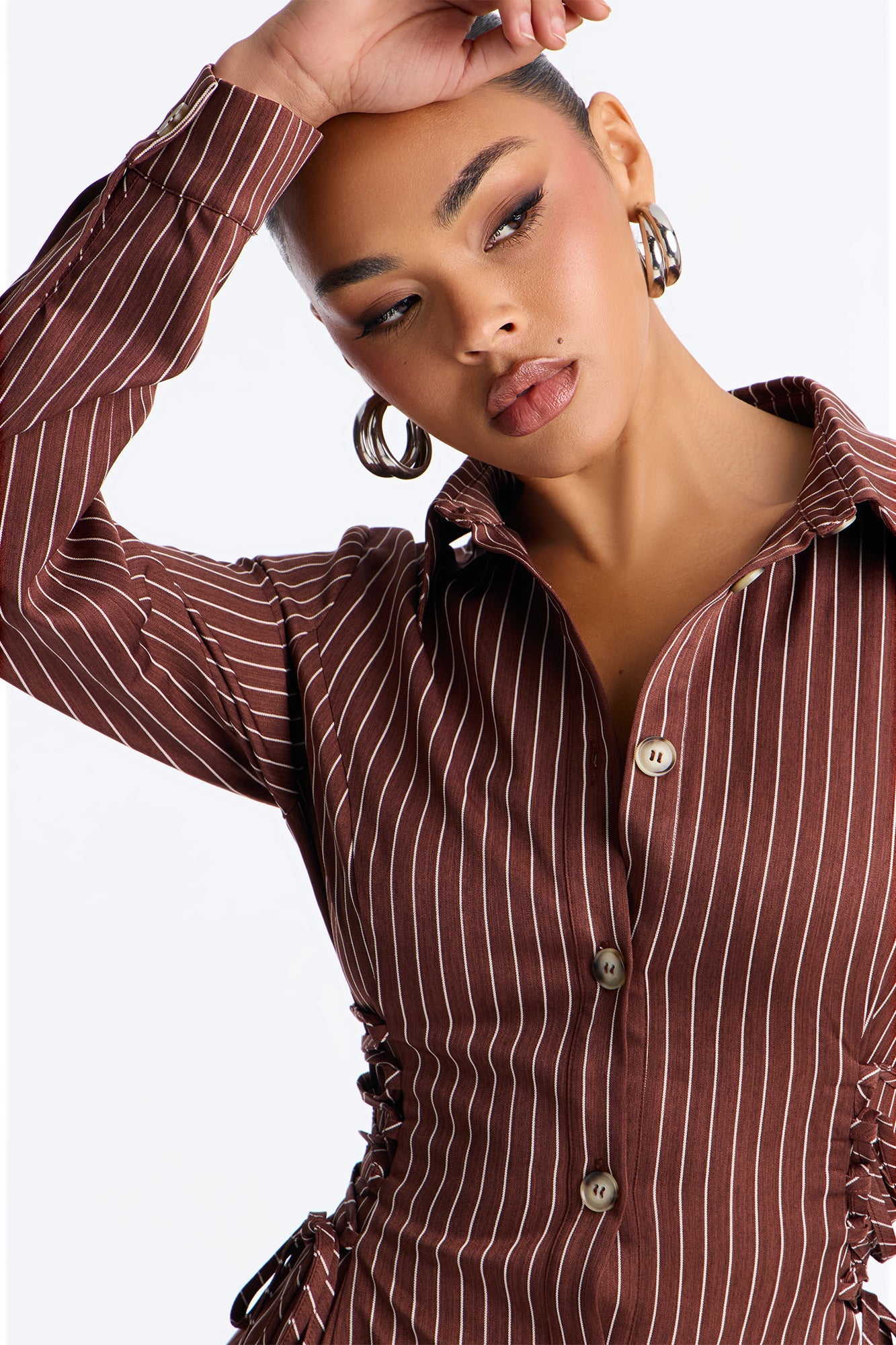 Veda Lace Up Pinstripe Midi Dress - Chocolate/Combo