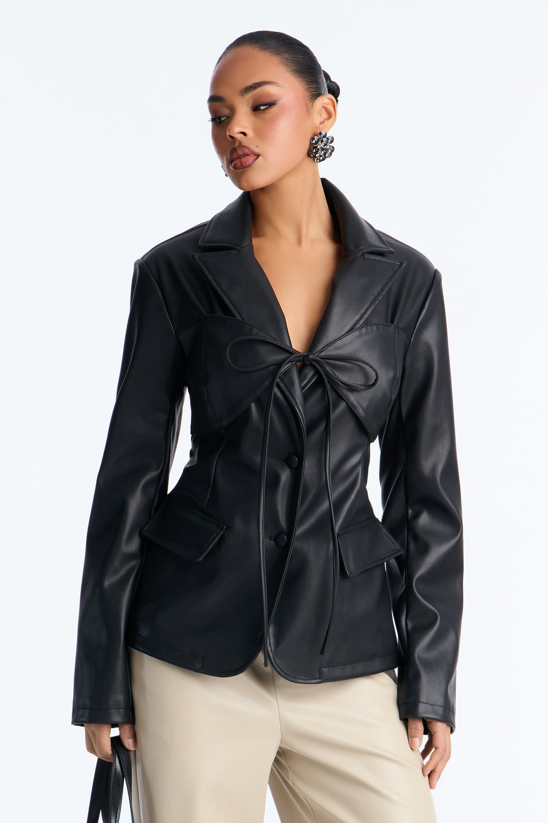 Mixed Emotions Tie Front Faux Leather Blazer - Black