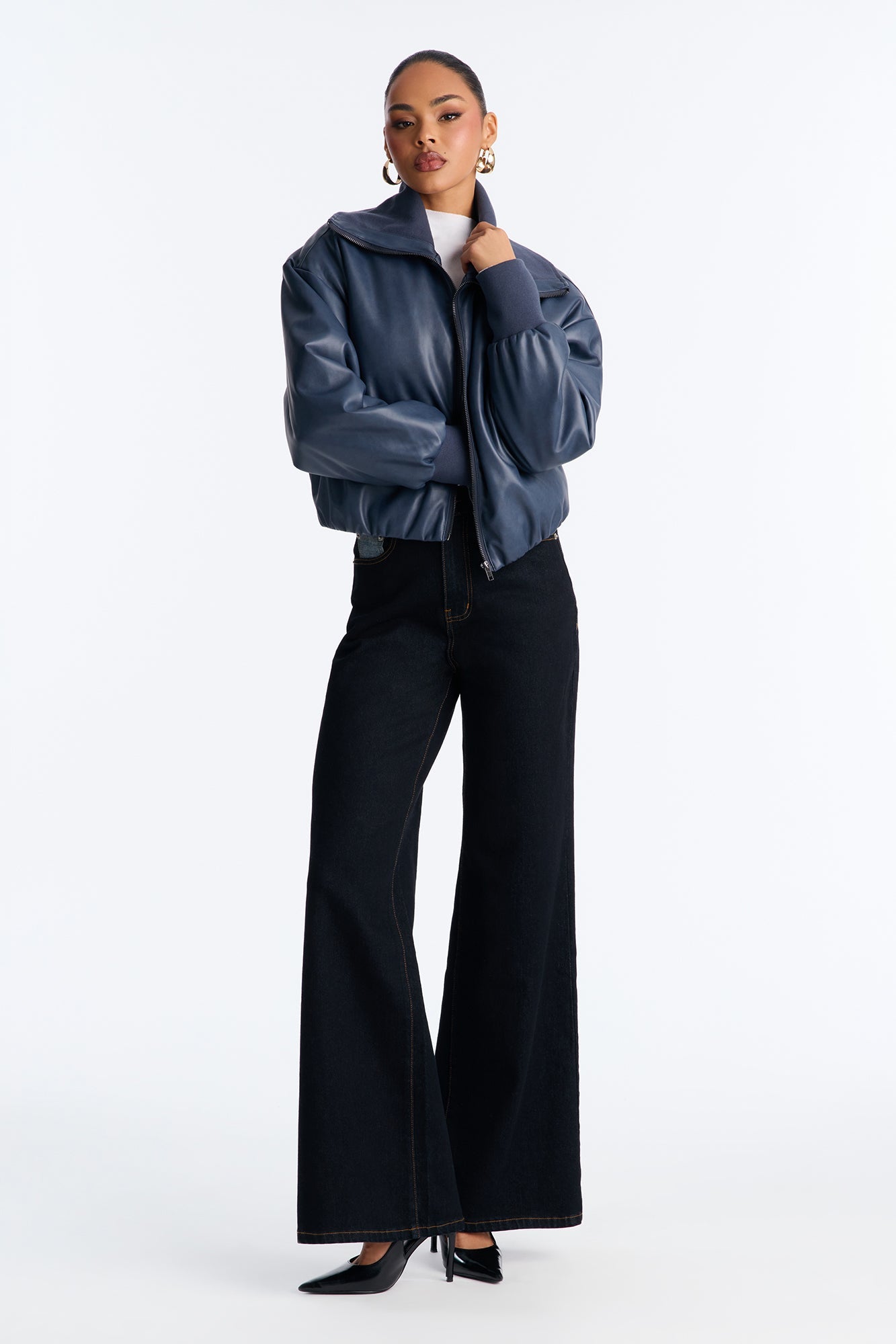 True Desire Washed Faux Leather Bomber Jacket - Navy