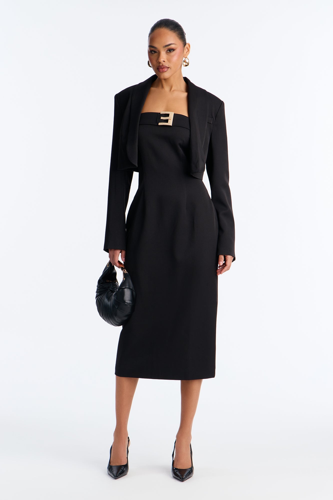 Suit Yourself Strapless Crepe Woven Midi Dress Set - Black