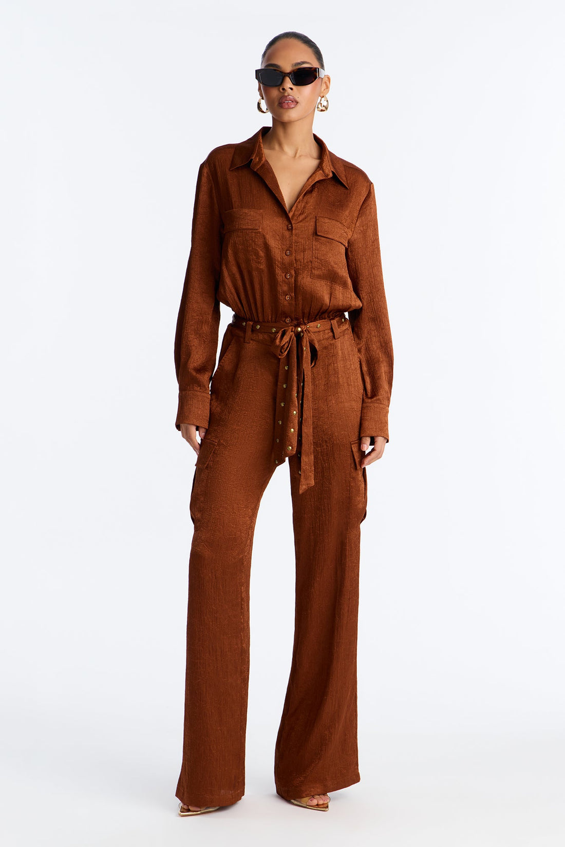 Myla Satin Cargo Jumpsuit - Bronze