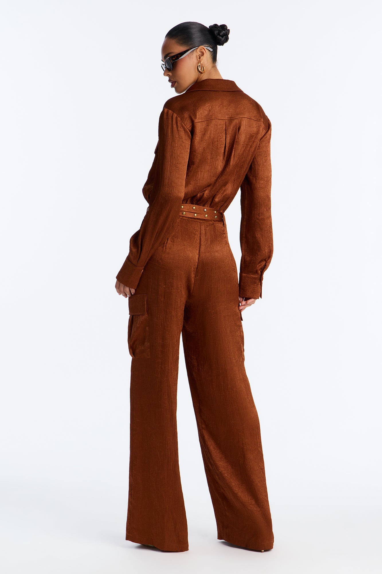 Myla Satin Cargo Jumpsuit - Bronze