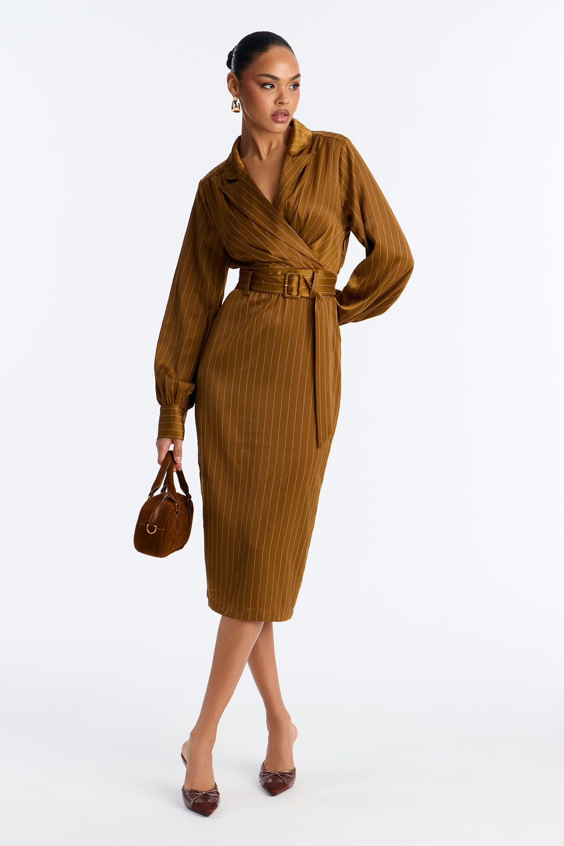 Call The Shots Belted Satin Midi Dress - Mustard