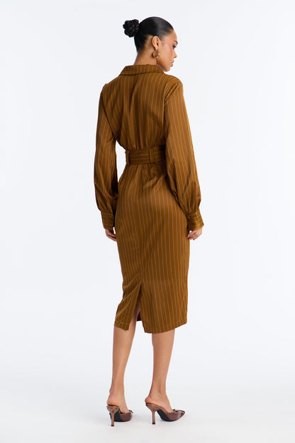 Call The Shots Belted Satin Midi Dress - Mustard