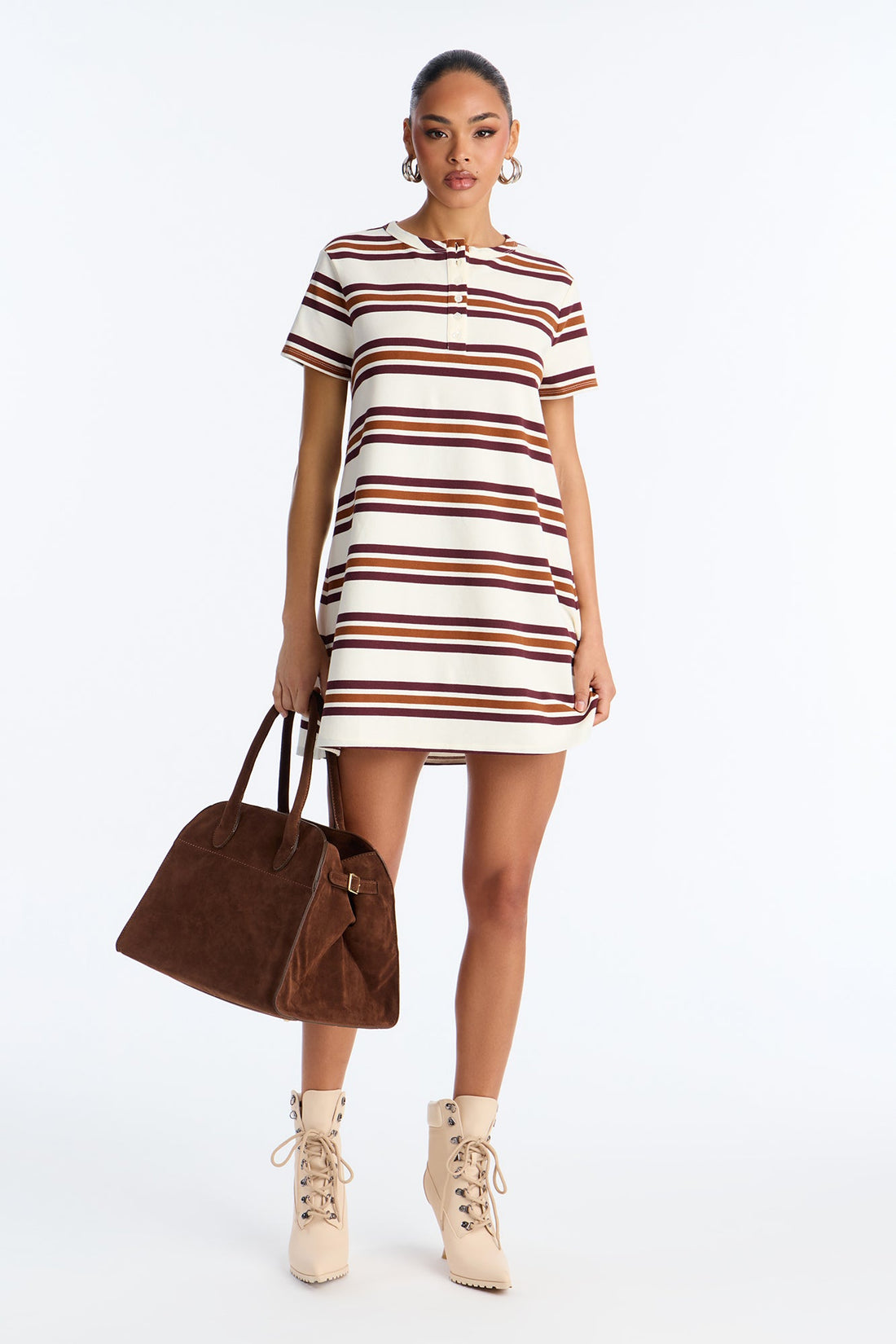 Demi Short Sleeve Striped Mini Dress - Brown/combo