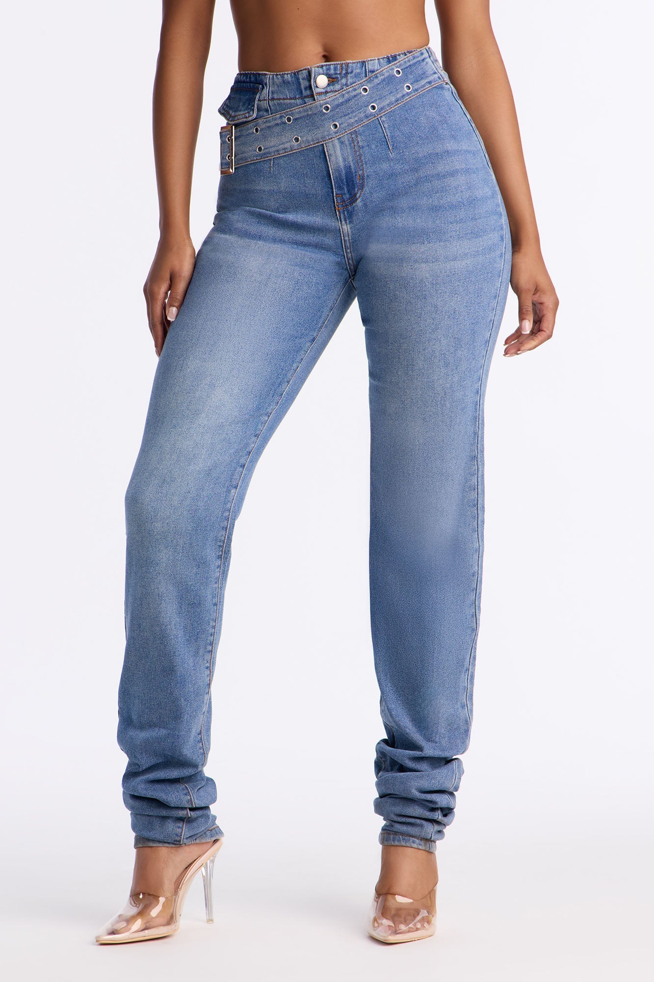 At The Scene Belted Stacked Slim Straight Jeans - Medium Wash