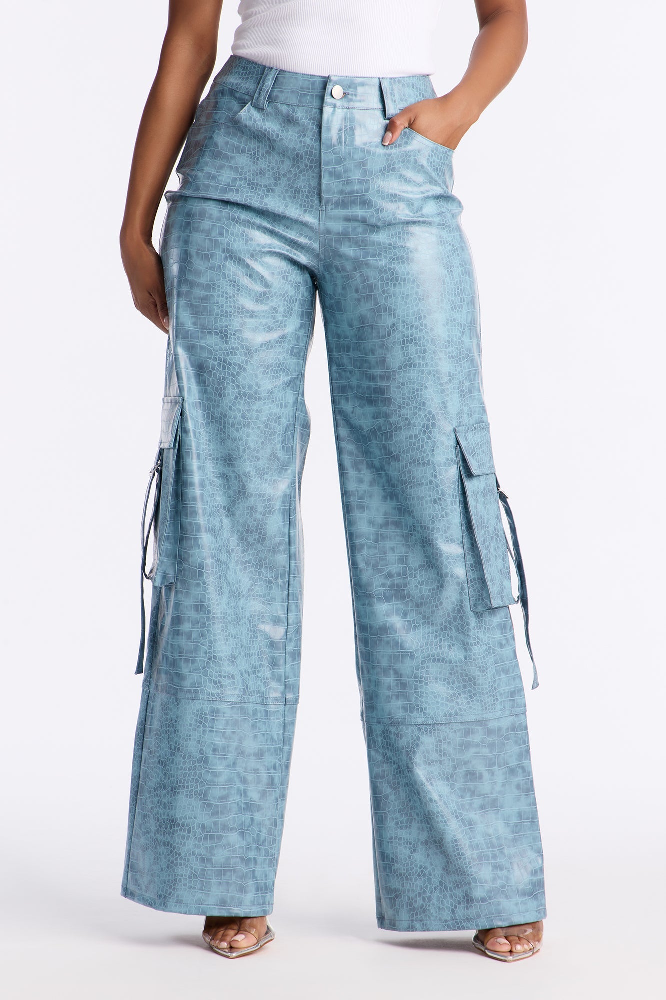 Gigi Embossed Croc Faux Leather Cargo Pant 32″ - Blue