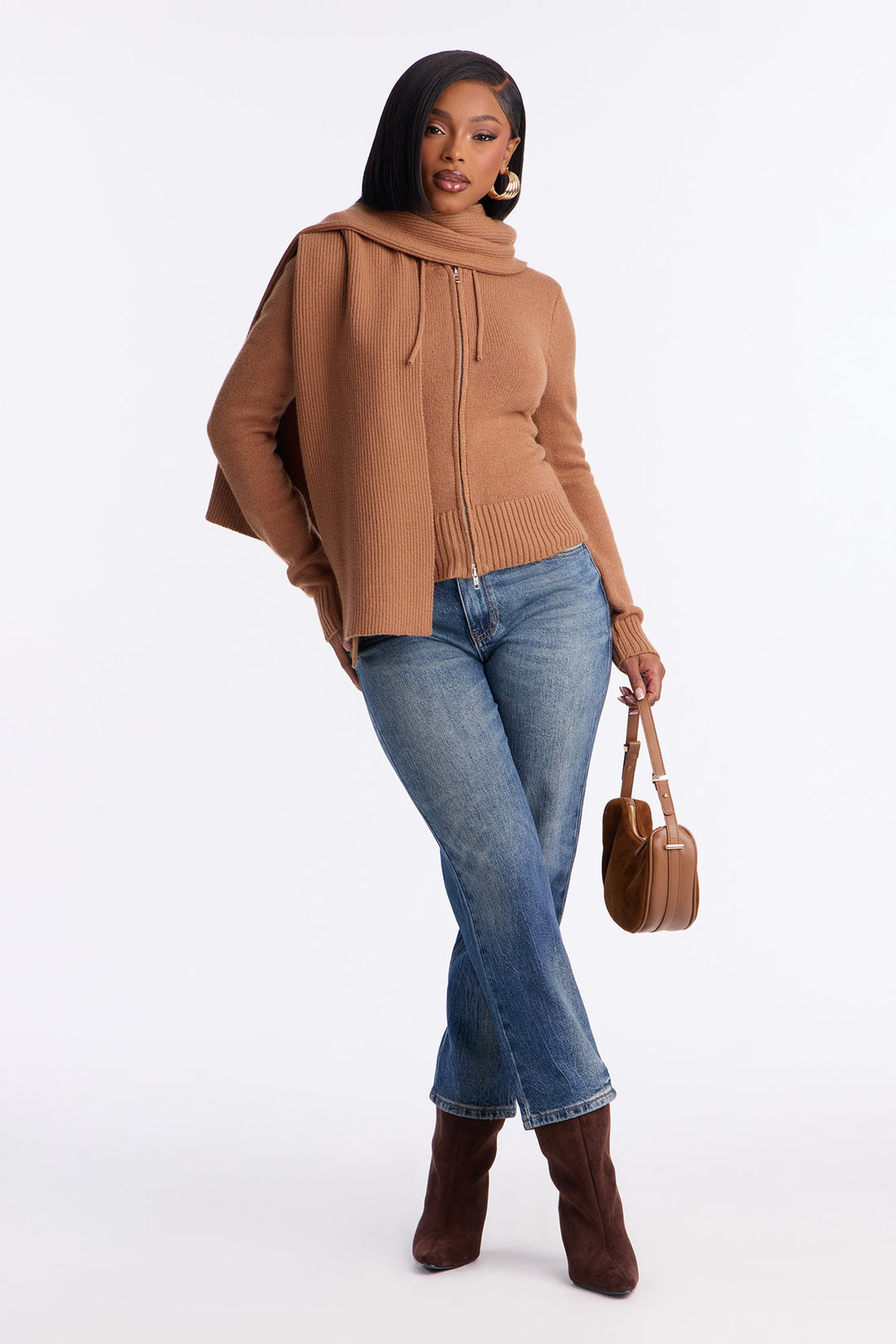 Knot Your Girl Zip Front 2pc Cardigan and Scarf Set - Taupe