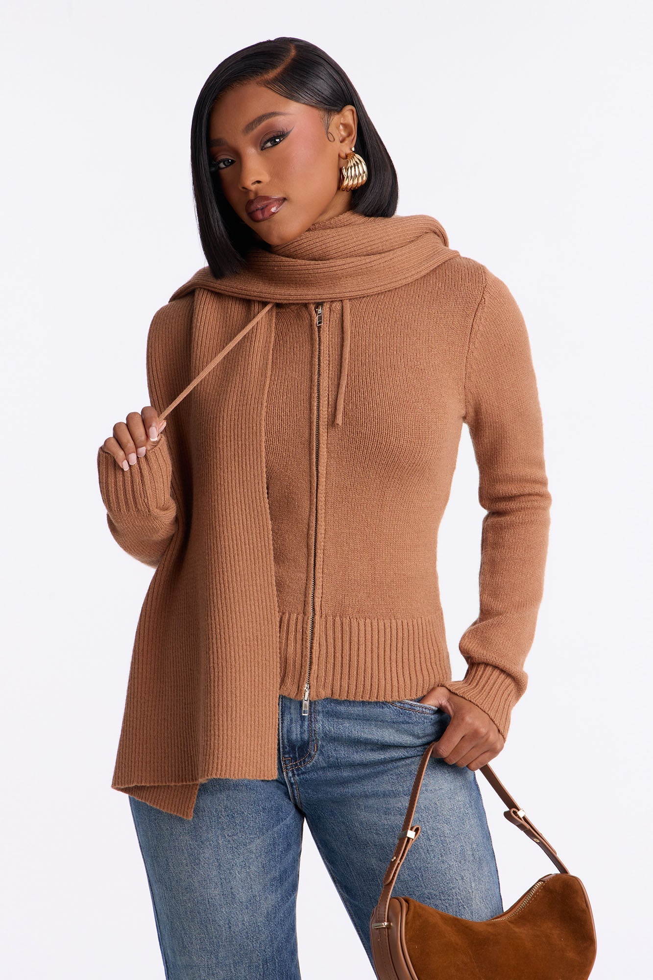 Knot Your Girl Zip Front 2pc Cardigan and Scarf Set - Taupe