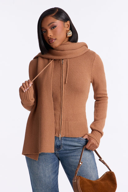 Knot Your Girl Zip Front 2pc Cardigan and Scarf Set - Taupe