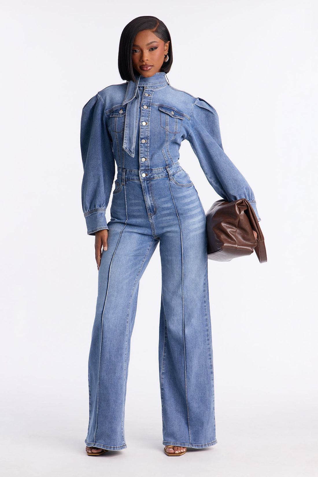 Ivana Bold Sleeve Denim Jumpsuit - Denim