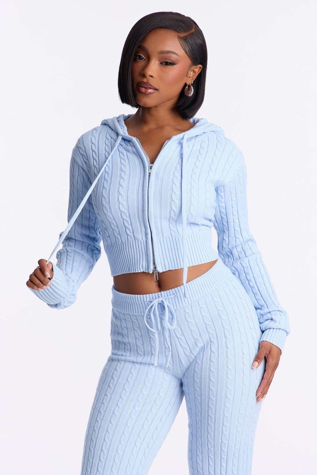 Far Away Zip Up Sweater Pant Set - Light Blue