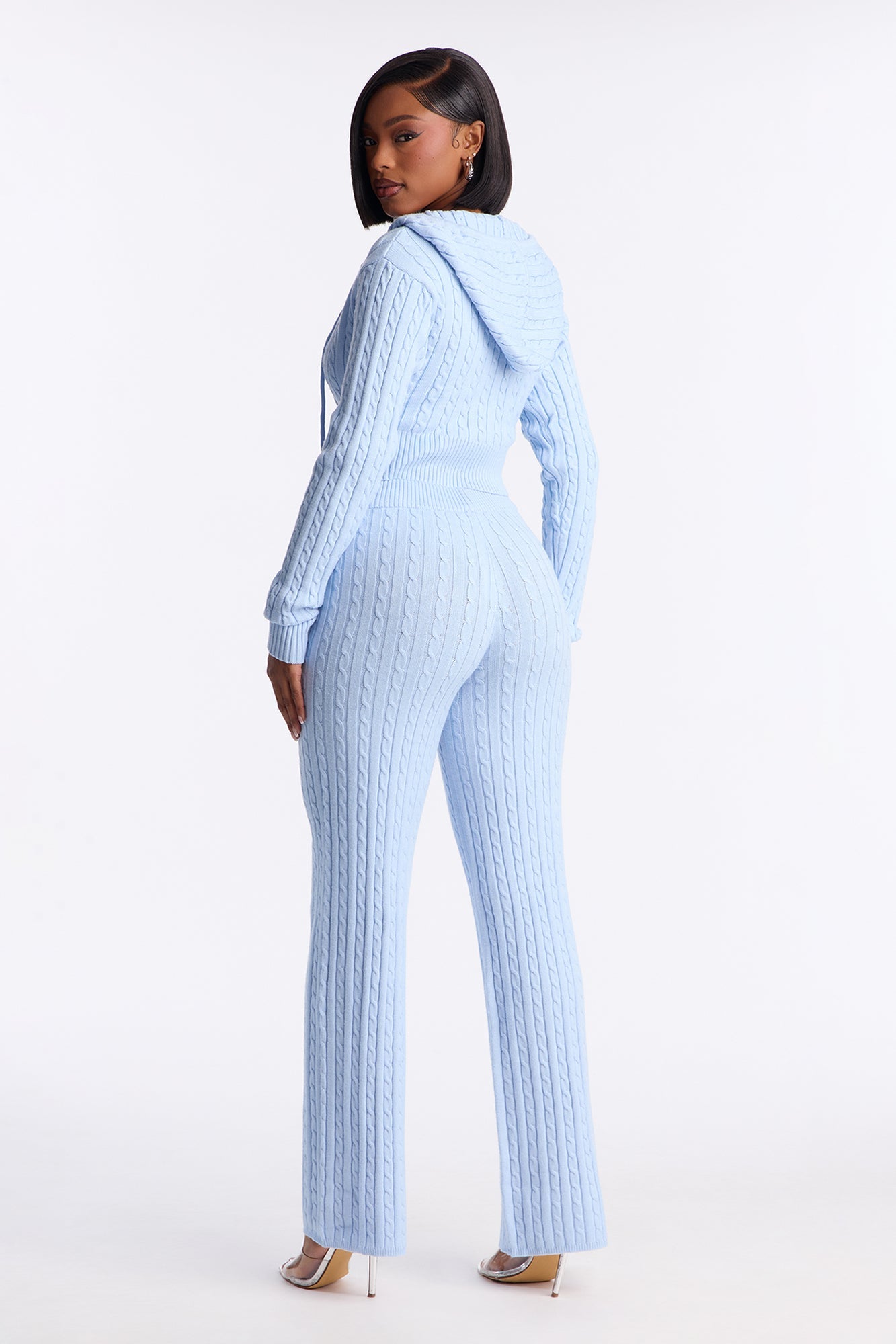 Far Away Zip Up Sweater Pant Set - Light Blue