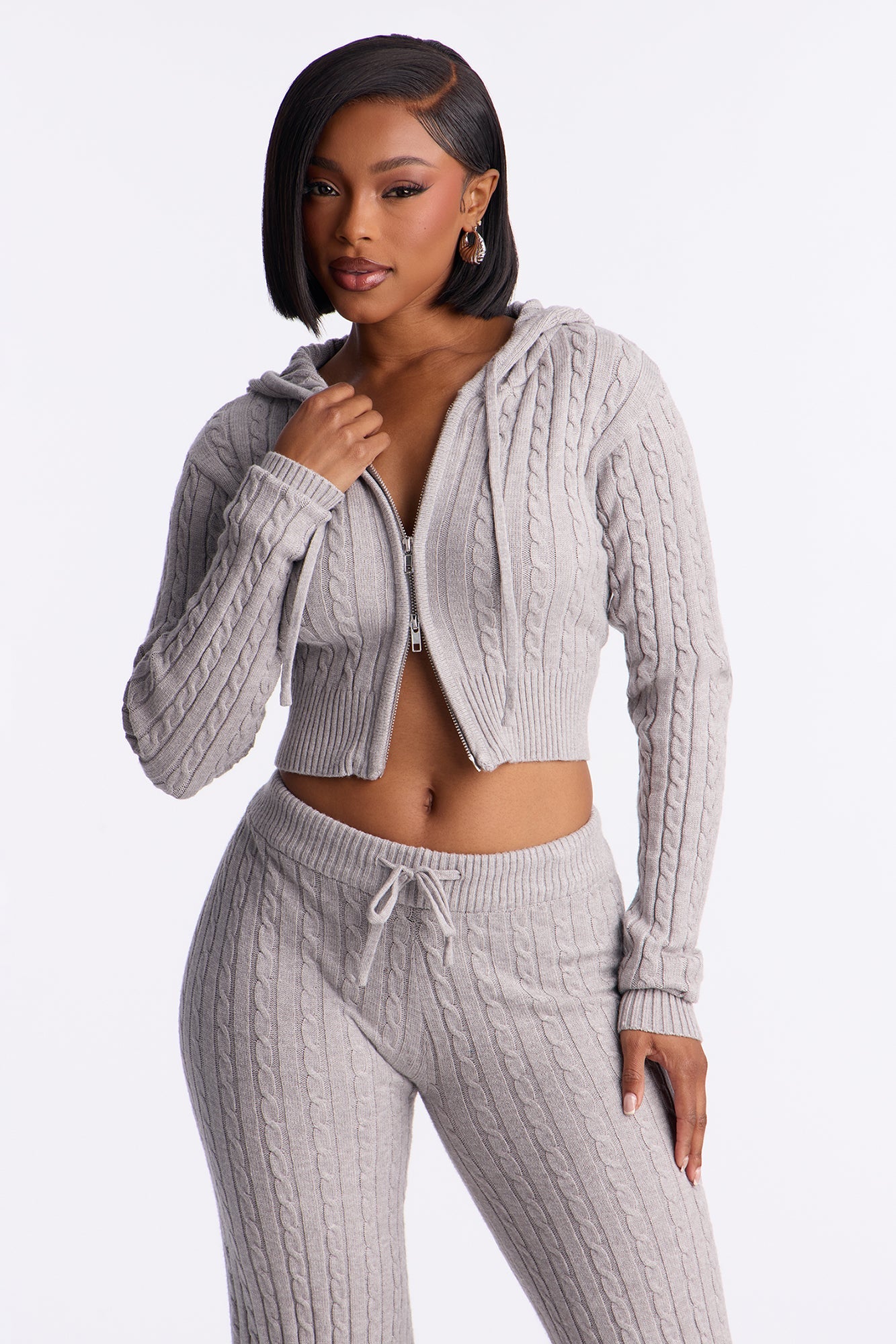 Far Away Zip Up Sweater Pant Set - Heather Grey