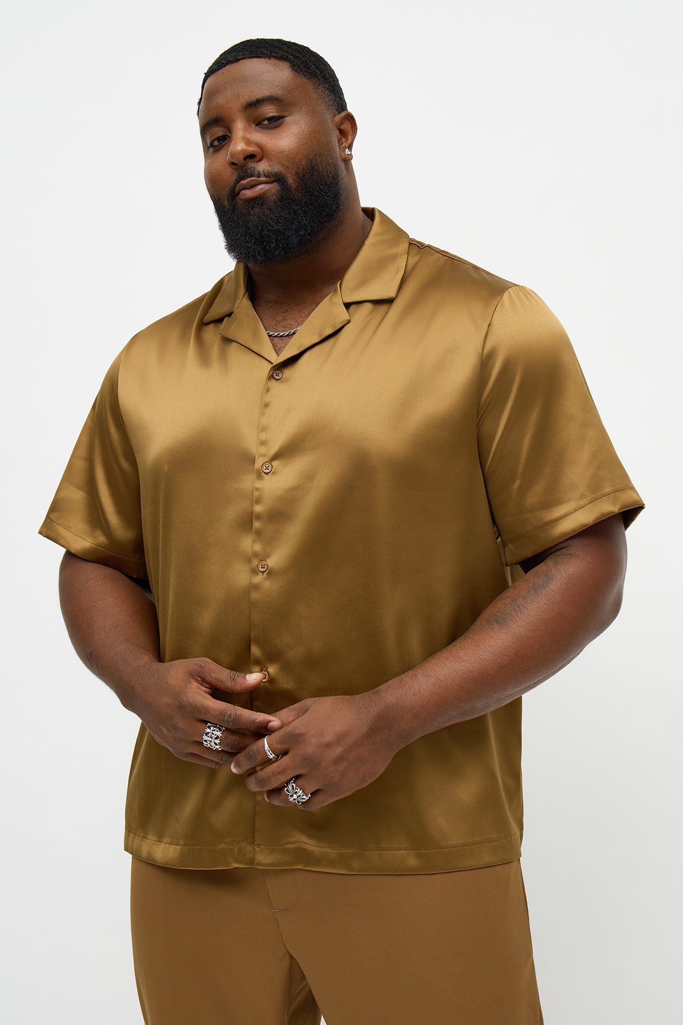 Links Satin Short Sleeve Button Up Shirt - Gold