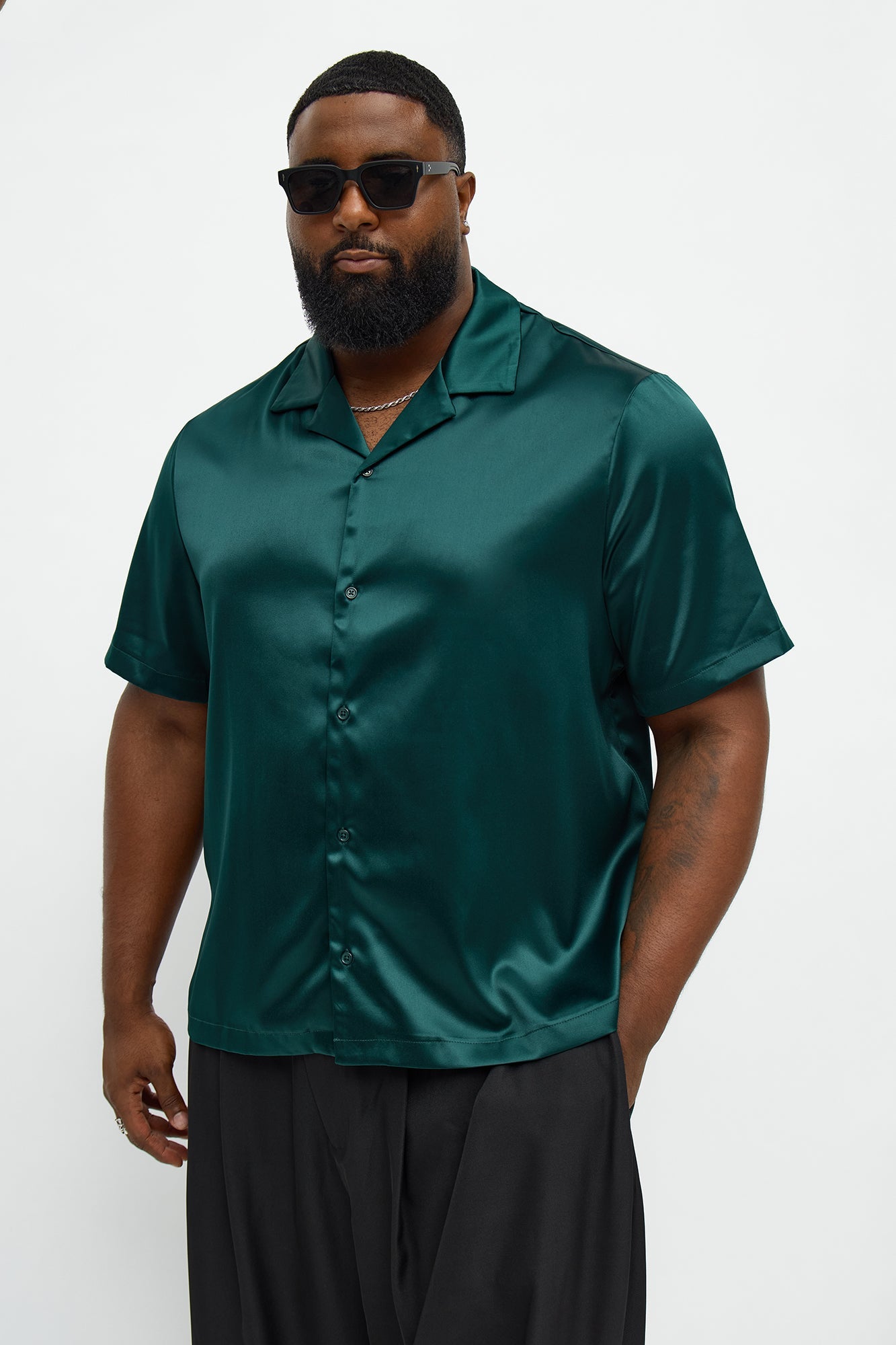 Links Satin Short Sleeve Button Up Shirt - Hunter Green