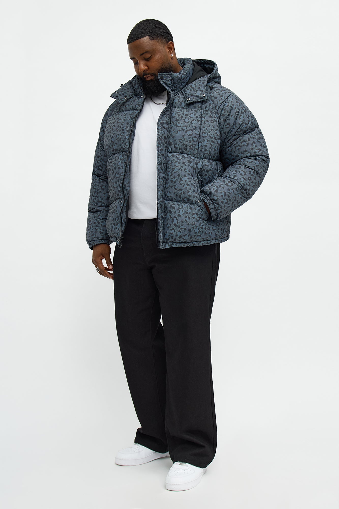 On A Trip Hooded Leopard Printed Puffer Jacket - Dark Grey