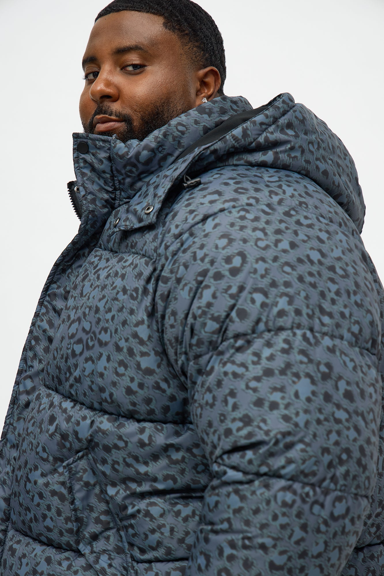 On A Trip Hooded Leopard Printed Puffer Jacket - Dark Grey