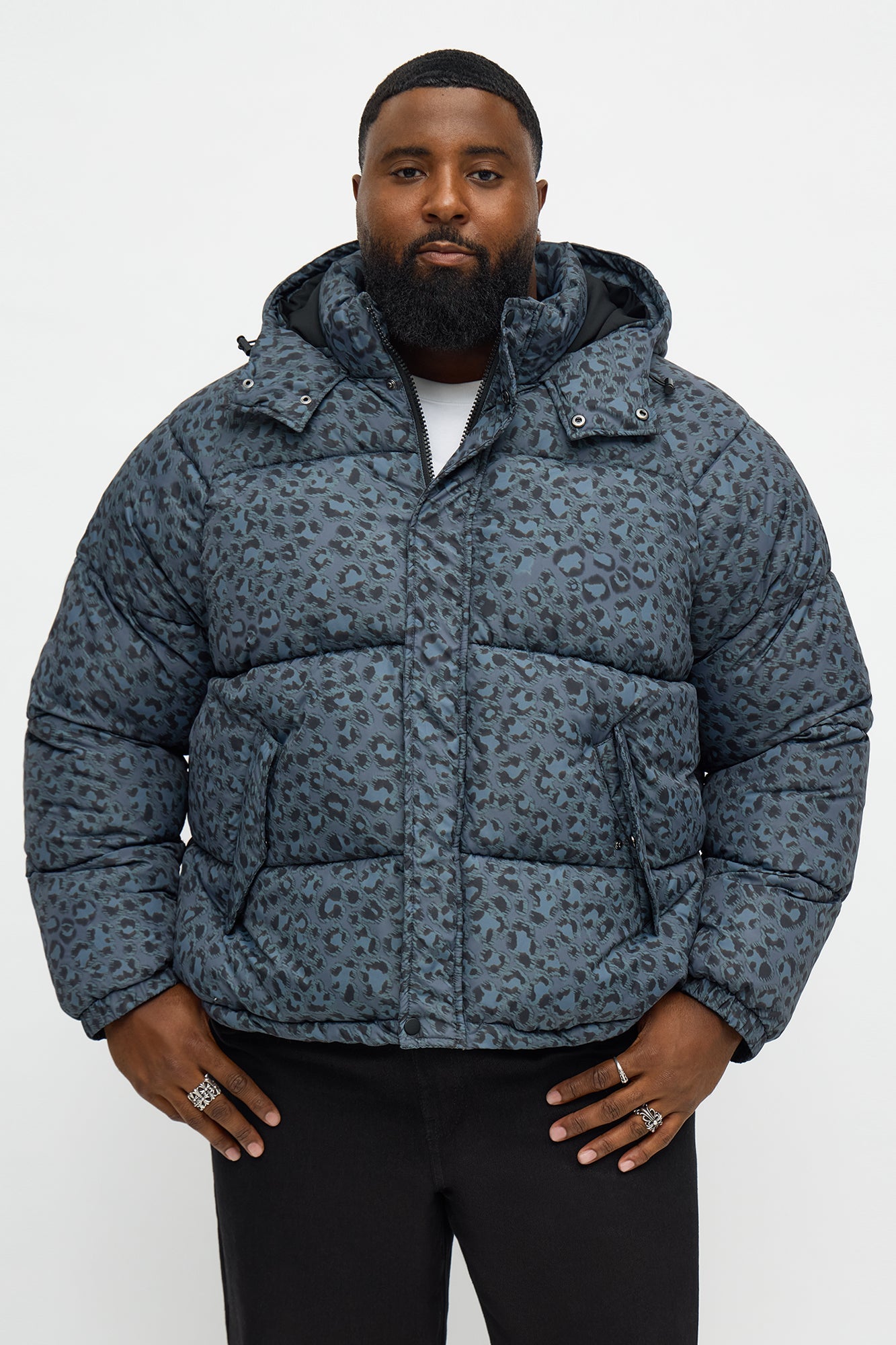 On A Trip Hooded Leopard Printed Puffer Jacket - Dark Grey