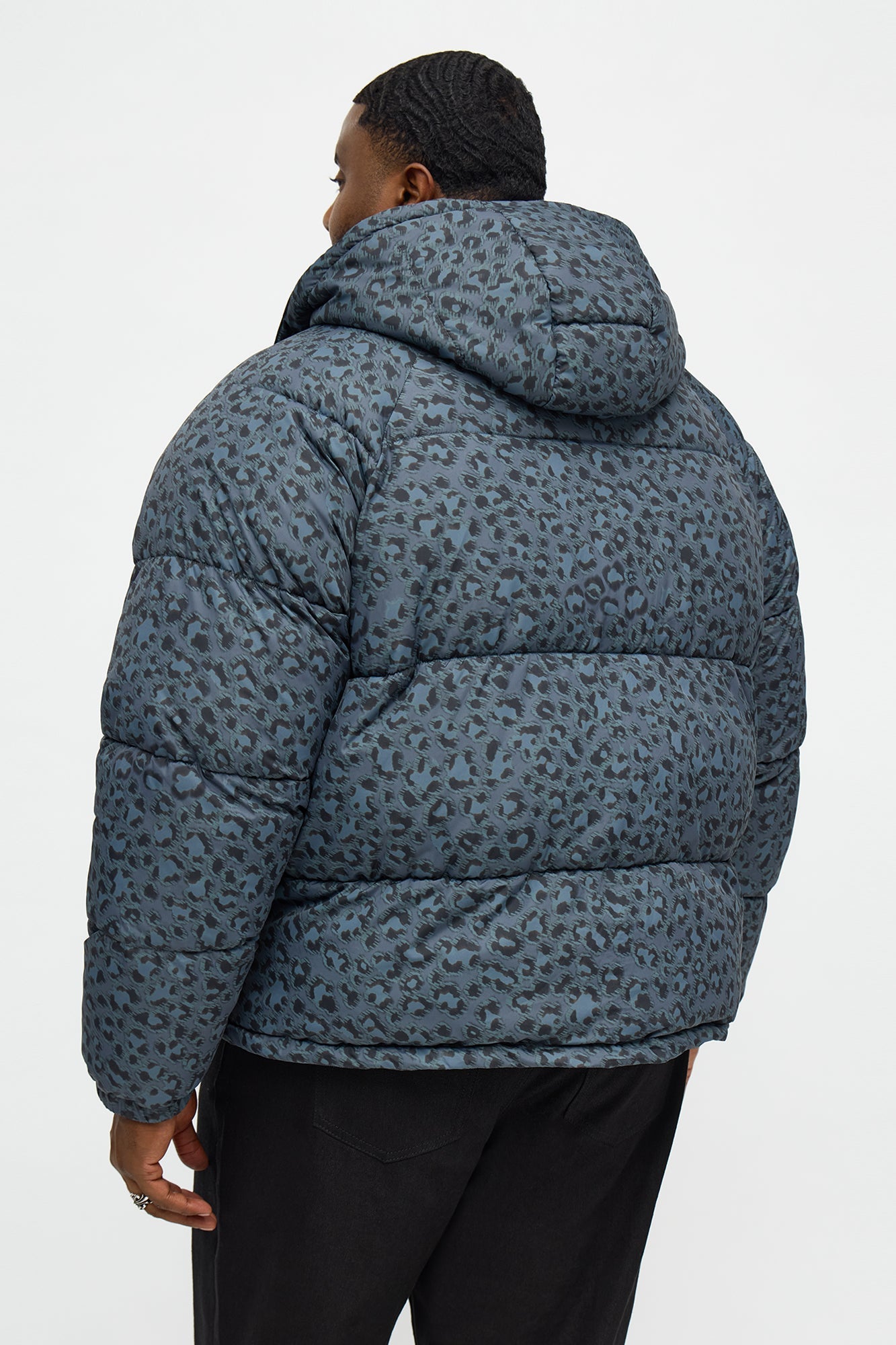 On A Trip Hooded Leopard Printed Puffer Jacket - Dark Grey