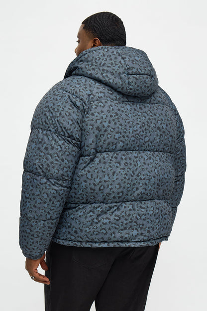 On A Trip Hooded Leopard Printed Puffer Jacket - Dark Grey