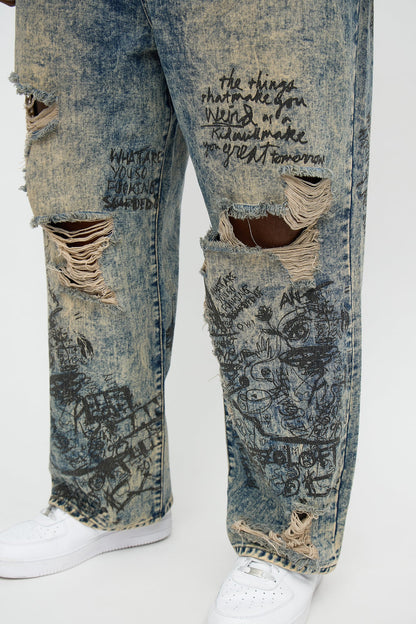 Baggy Verbiage Distressed Jean - Vintage Blue Wash