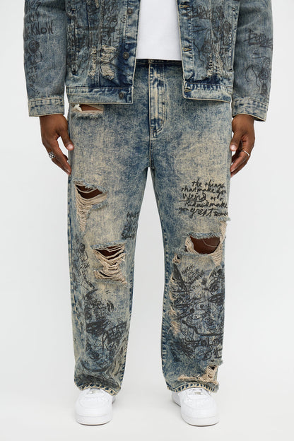 Baggy Verbiage Distressed Jean - Vintage Blue Wash
