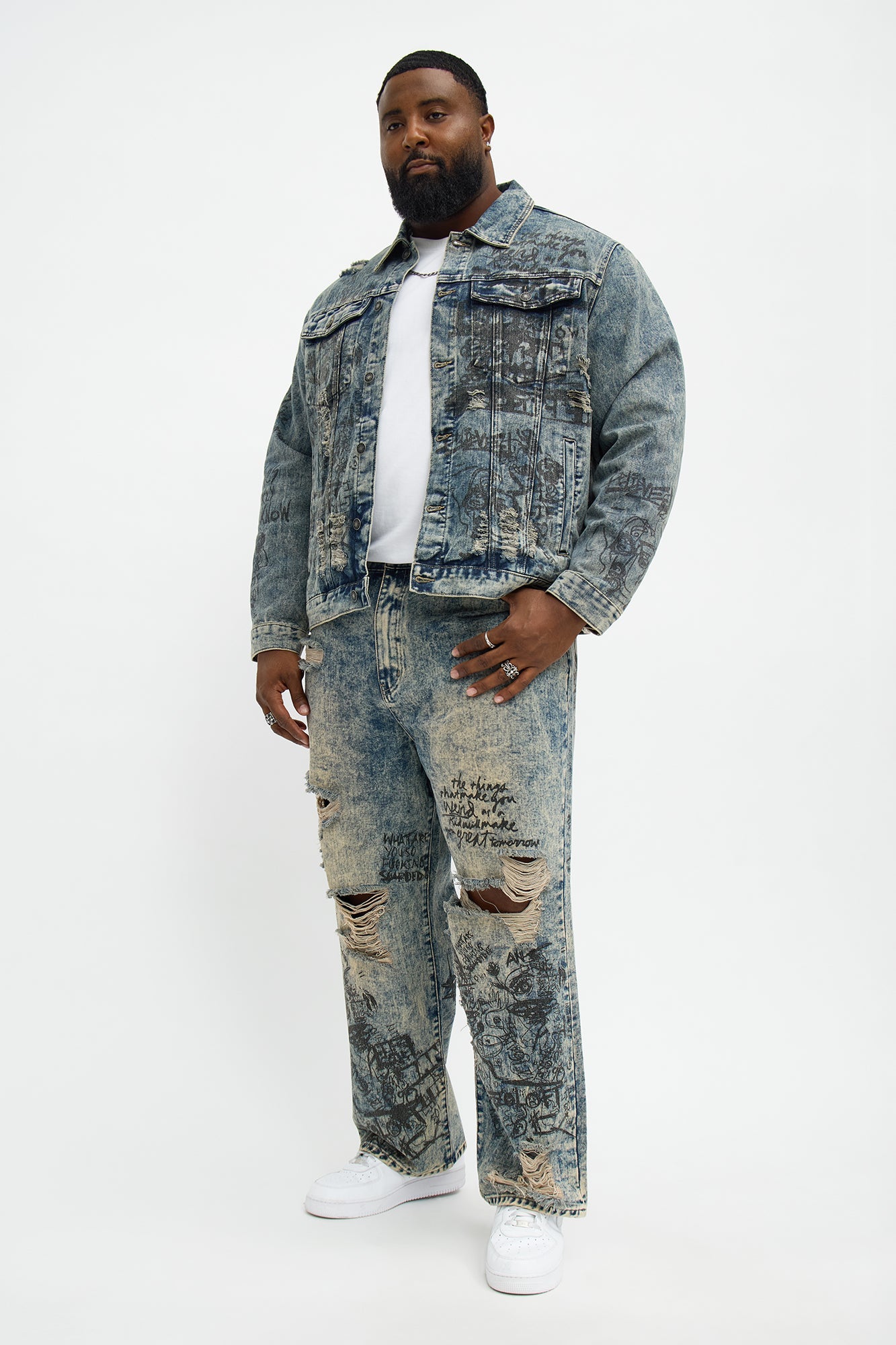 Verbiage Distressed Denim Trucker Jacket - Vintage Blue Wash