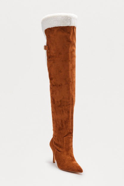 Sela Fur Trim Thigh High Boots - Camel
