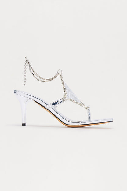 Akio Rhinestone Thong Heels - Silver