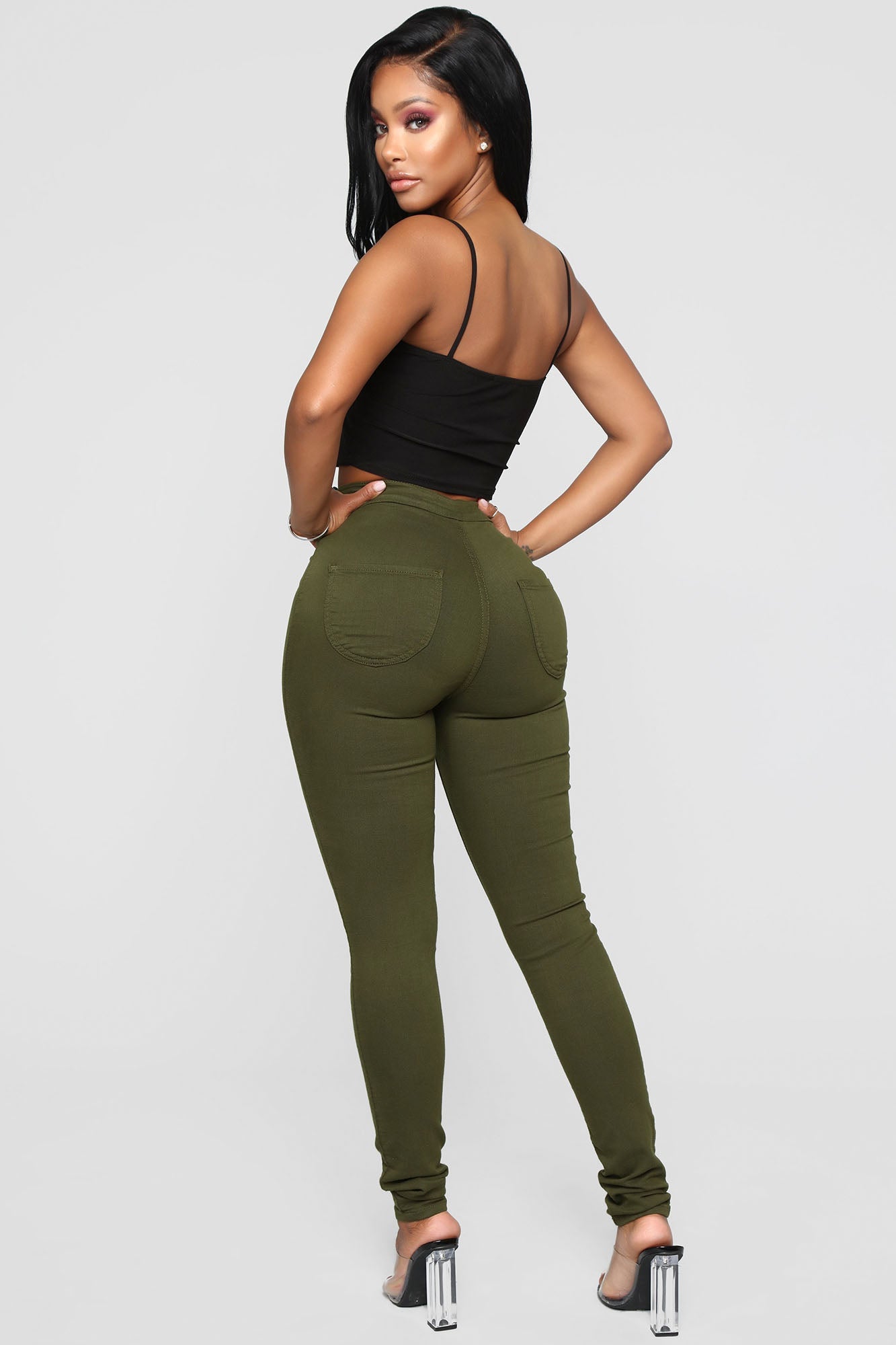 Super High Waist Denim Skinnies - Olive
