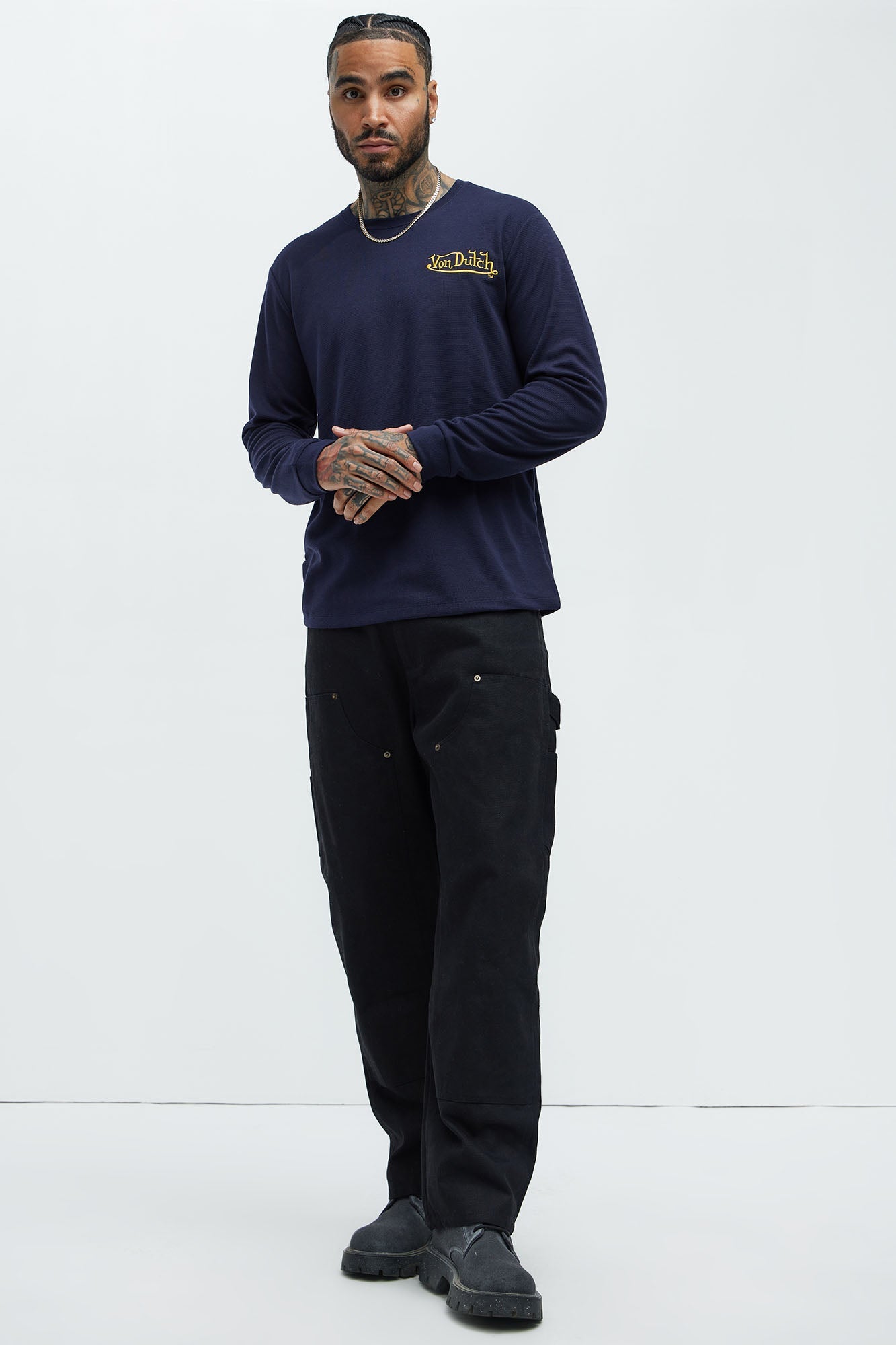 Von Dutch Yellow Font Long Sleeve Tee - Navy