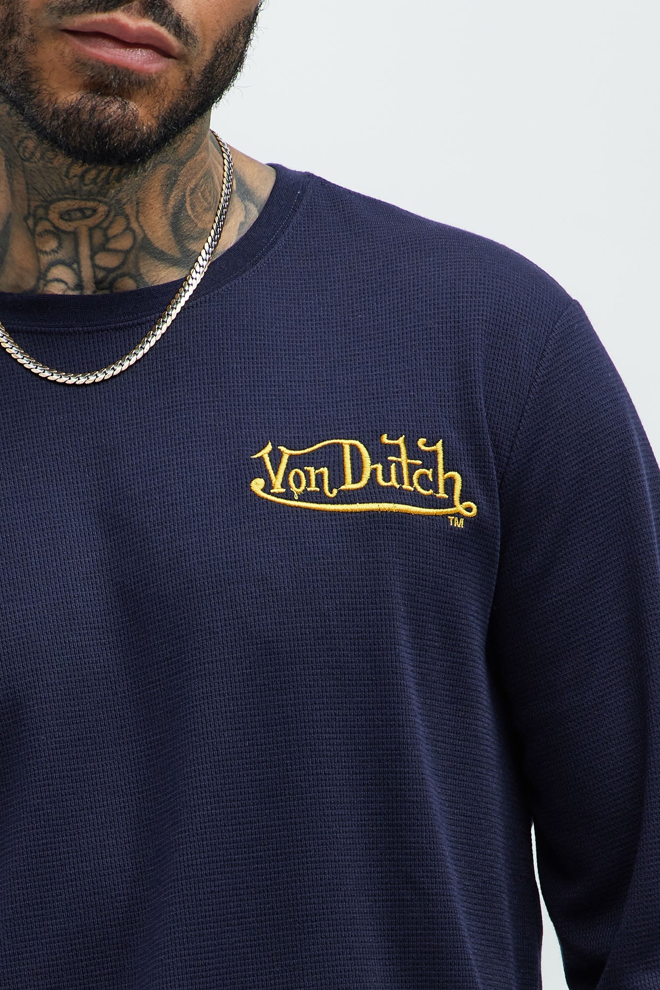 Von Dutch Yellow Font Long Sleeve Tee - Navy