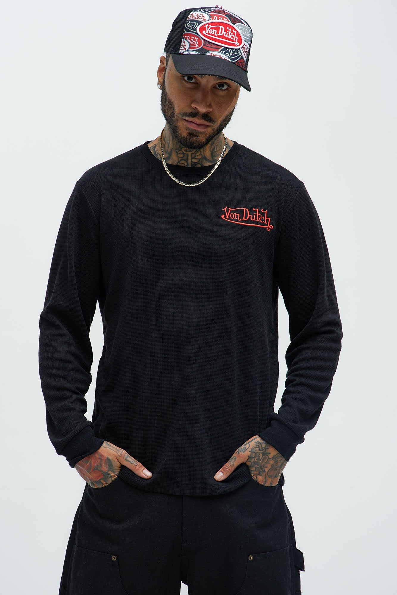 Von Dutch Red Font Long Sleeve Tee - Black