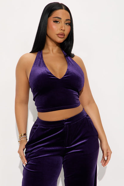 Ava Velvet Halter Pant Set - Eggplant