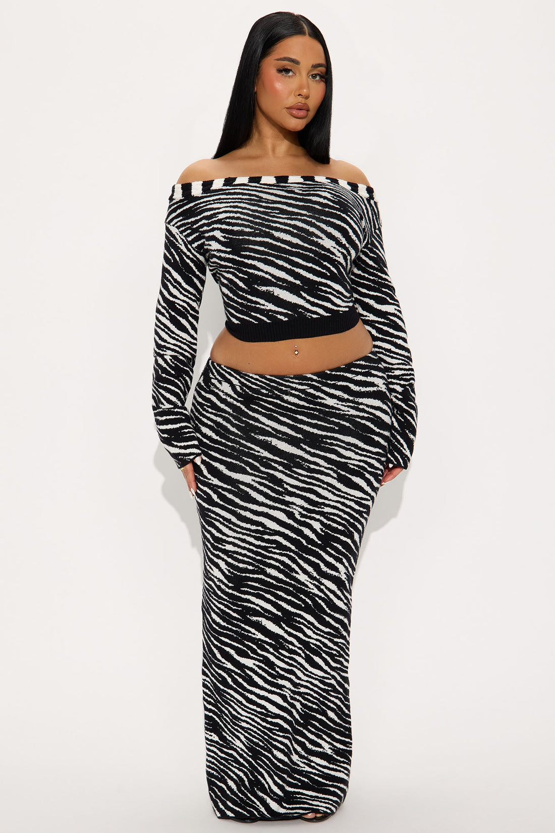 Imani Zebra Sweater Off Shoulder Maxi Skirt Set - Black/White