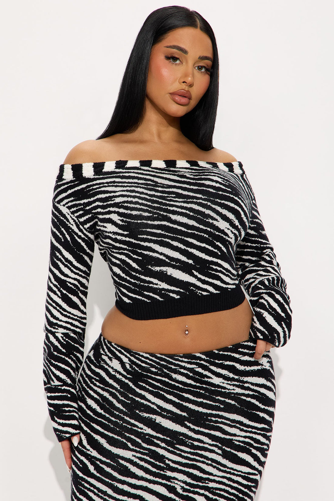 Imani Zebra Sweater Off Shoulder Maxi Skirt Set - Black/White