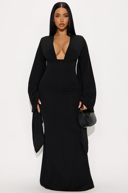 Juliette Bell Sleeve Crepe Knit Maxi Dress - Black