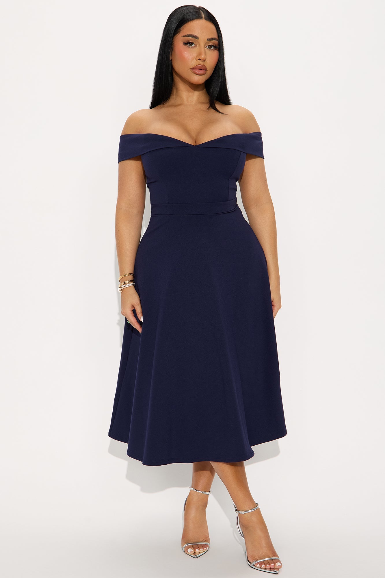 Poppy Body Sculpt Ponte Off Shoulder Midi Dress - Navy