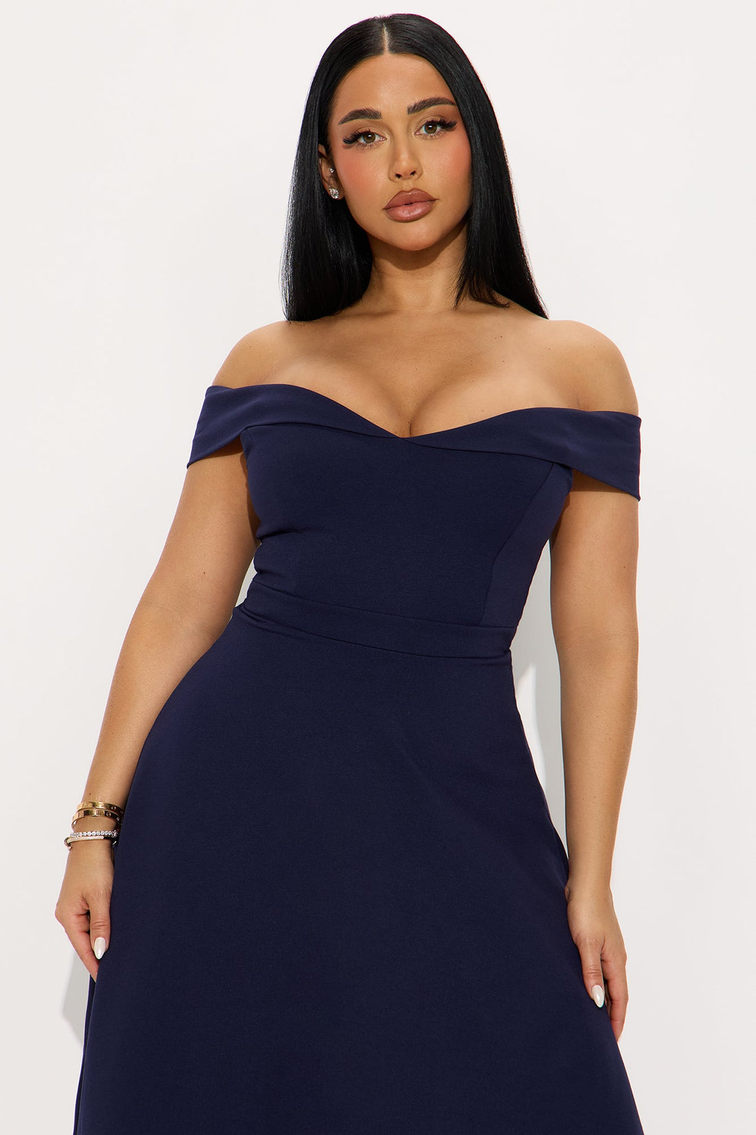 Poppy Body Sculpt Ponte Off Shoulder Midi Dress - Navy